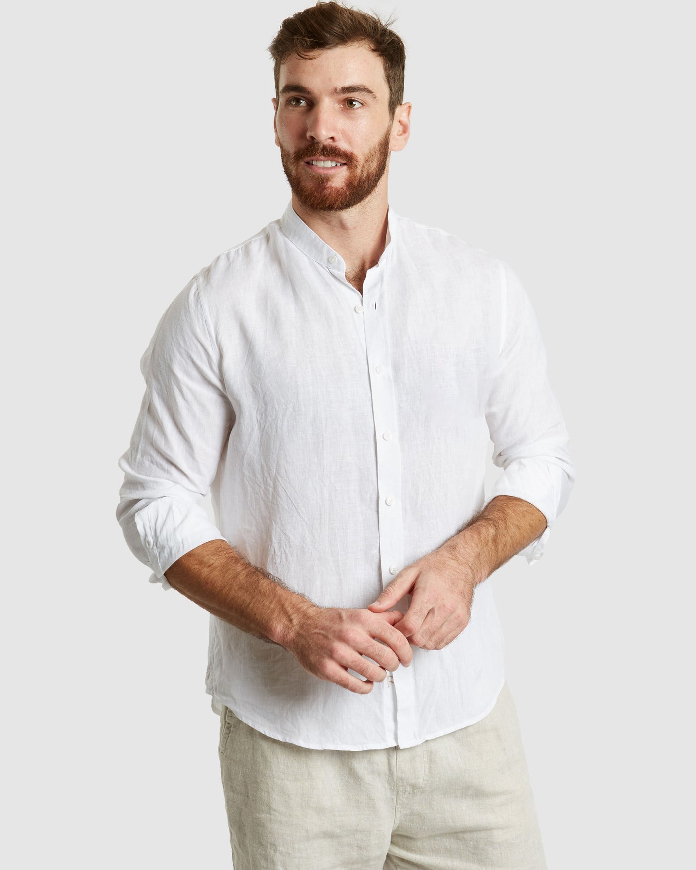 Palma White Mandarin Collar Linen Shirt - Casual Fit