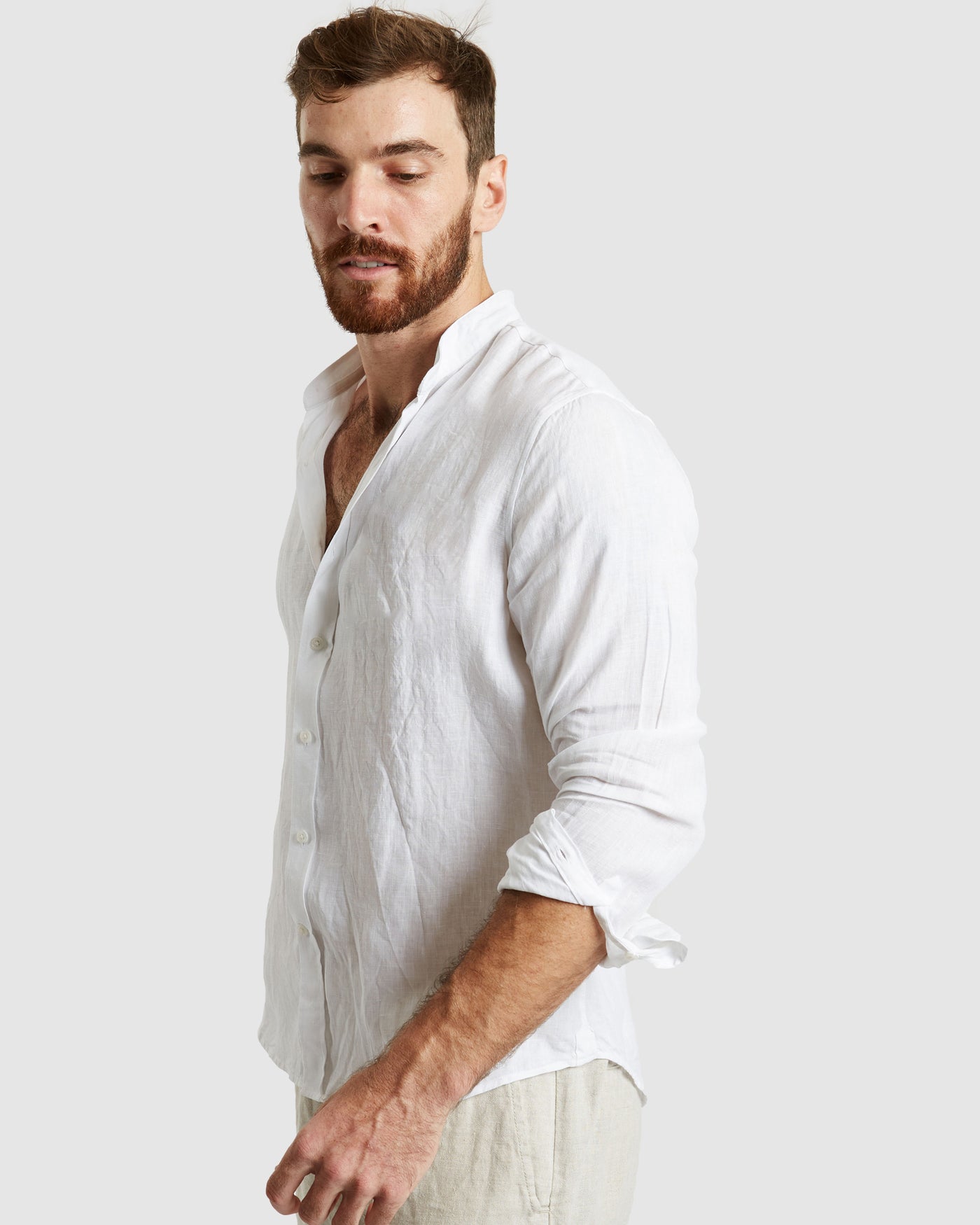 Palma White Mandarin Collar Linen Shirt - Casual Fit