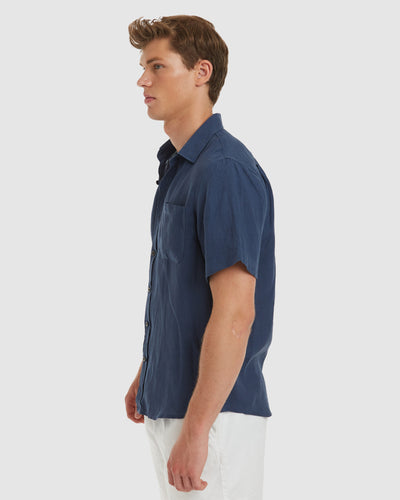 Ravello No Tuck Short Sleeve Navy Linen Shirt - Slim Fit